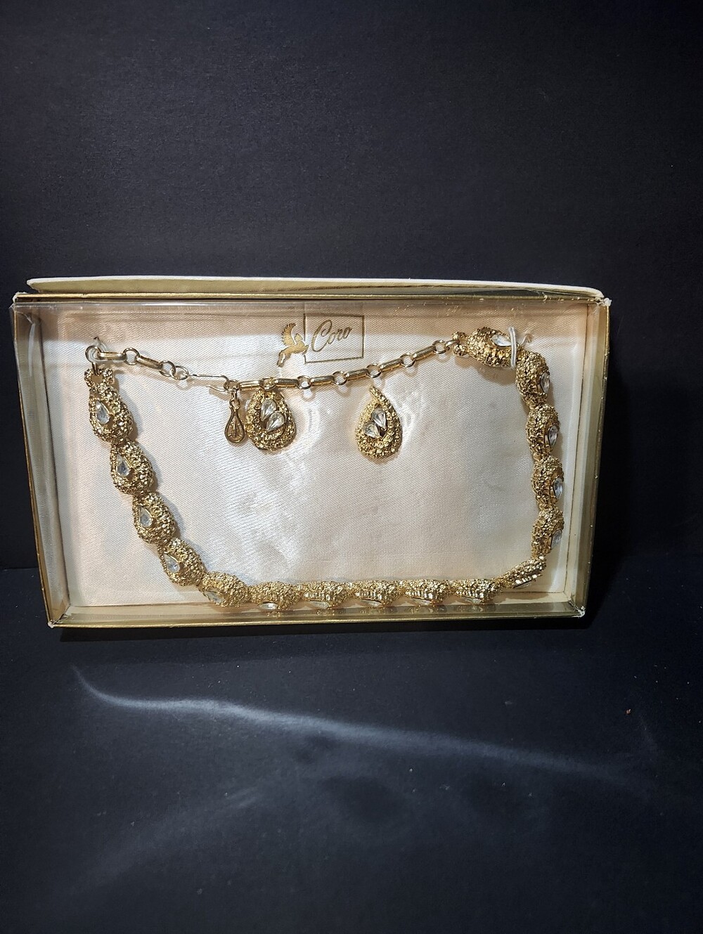 Coro Gold-Tone Textured Link Necklace with Teardrop Earrings